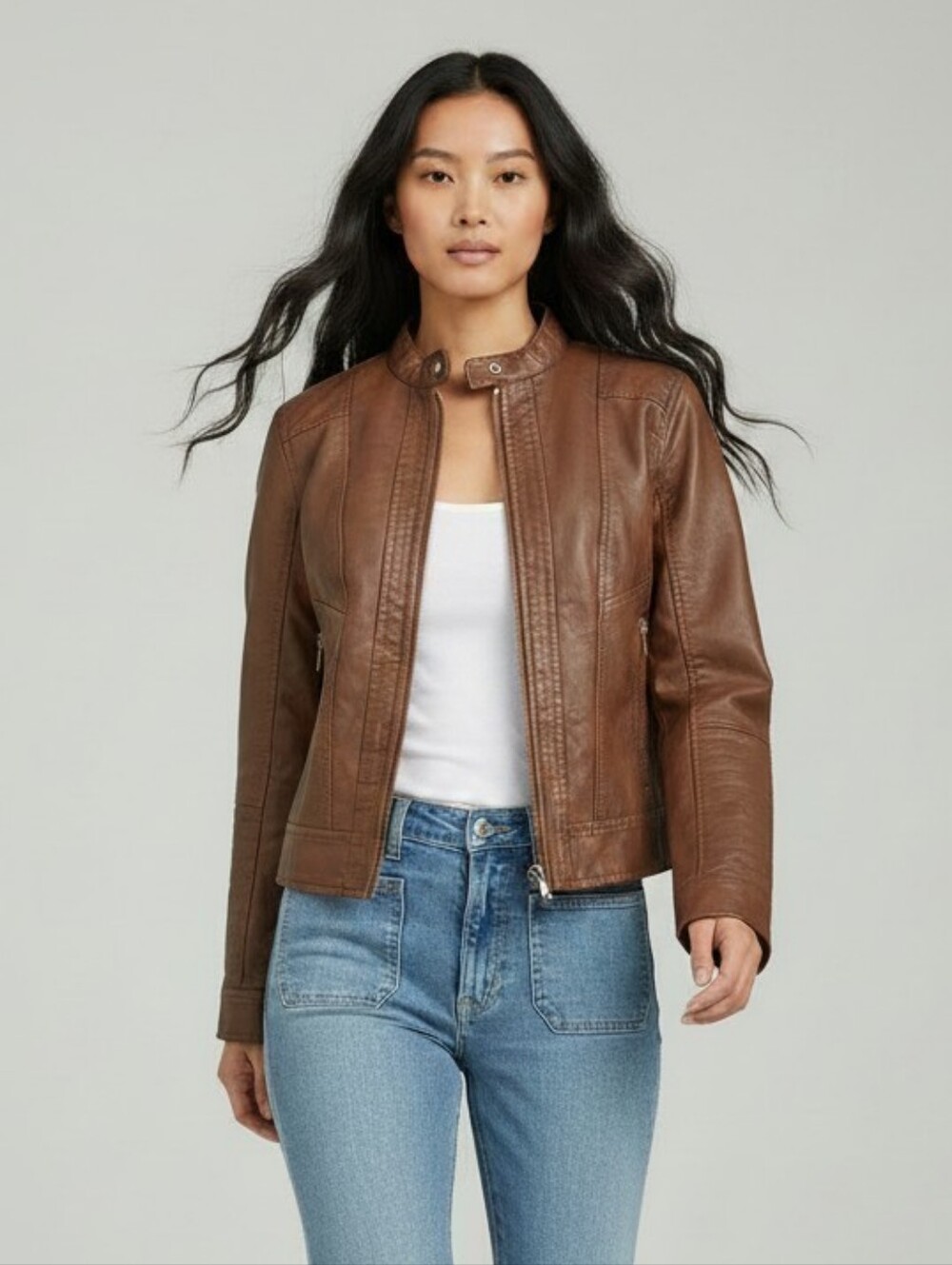 A New Day Women’s XS Brown Faux Leather Moto Jacket Full Zip Biker